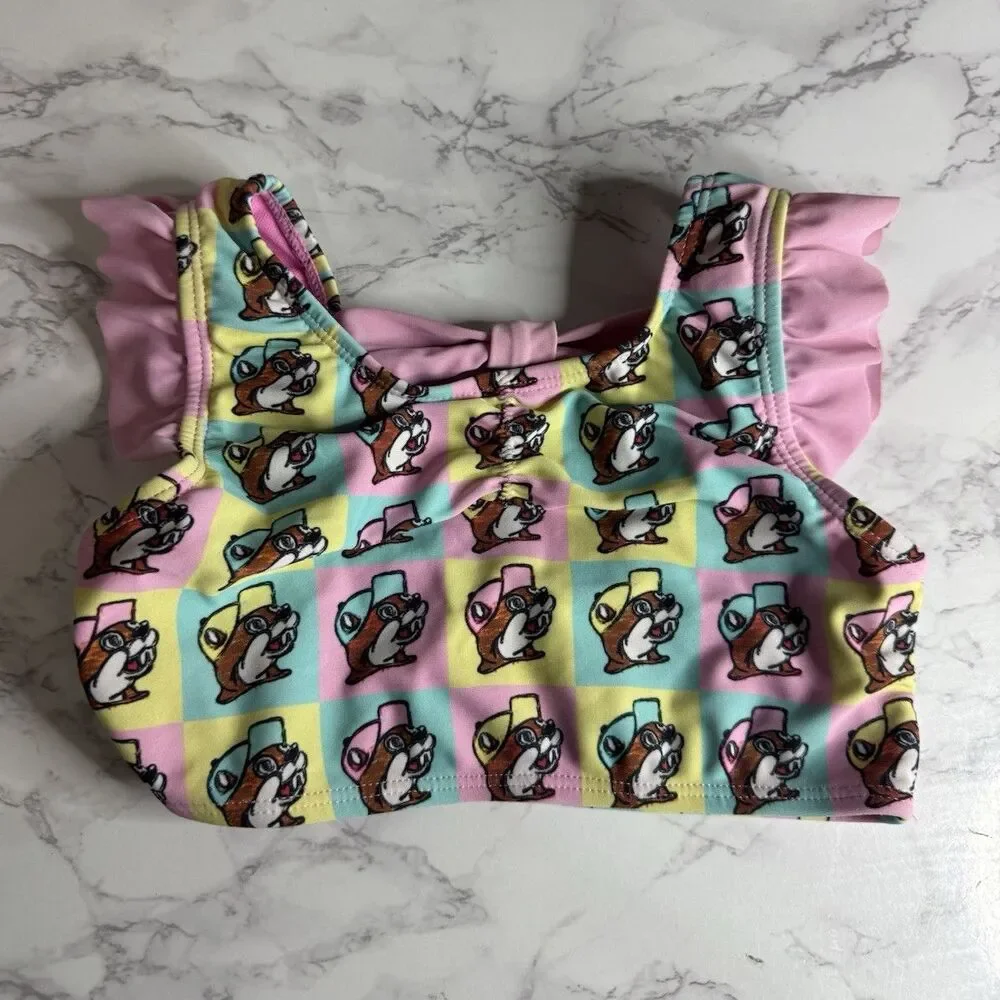 Dug-ees Girls 12-18M Pink Ruffle Bikini Swim Top Cartoon Dog Print